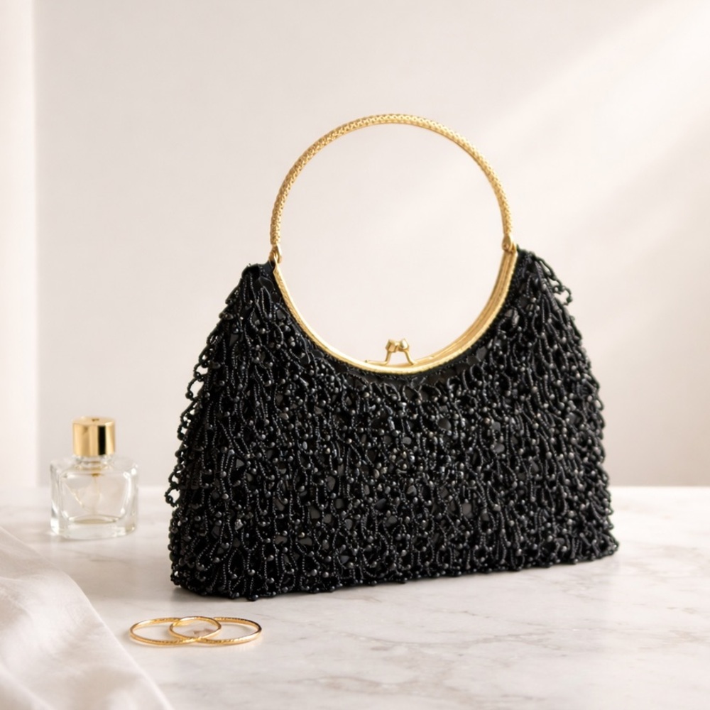 Black Beaded Evening Bag with Gold Handle